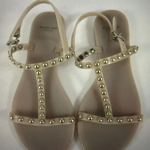 GIVENCHY SANDALS JELLY BEIGE W GILD STUDS T STRAP SLIP ON SIZE 38 - Picture 1 of 6